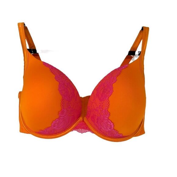 Cacique Bra 42DD Orange Pink Lace Overlay Boost Padding Underwired Back Closure - Picture 1 of 10
